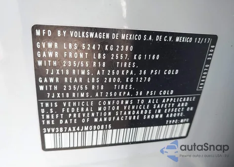 2018 Volkswagen Tiguan 2.0T Se/2.0T Sel from USA, damaged, VIN 3VV3B7AX4JM090815